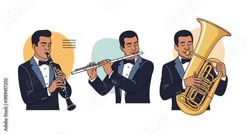 Orchestral trio of male musicians in formal tuxedos playing the clarinet, flute, and tuba for a classical music performance.