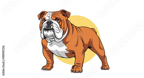 Strong and muscular brown and white bulldog standing alert in a confident pose against a simple circular yellow background graphic.