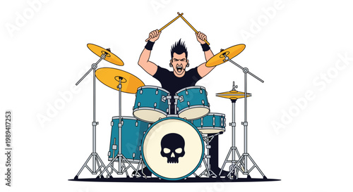 Energetic male drummer with spiked hair playing a blue drum kit with a skull logo during a rock music concert performance.