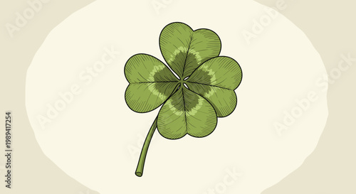 Detailed vintage-style illustration of a green four-leaf clover representing luck and good fortune on a soft neutral background.