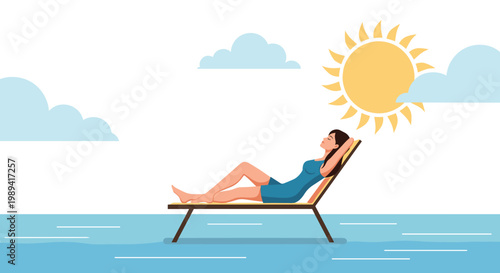 Relaxed woman lying on a sun lounger at the tropical beach under a bright sun and blue sky with fluffy clouds for a summer vacation.
