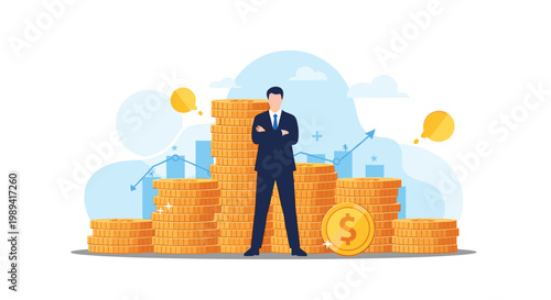 Confident businessman standing in front of growing stacks of gold coins and financial charts symbolizing wealth and financial success.