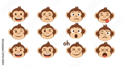 Collection of cute monkey face emojis showcasing twelve different emotions like happy, sad, surprised, winking, and sticking out tongue.