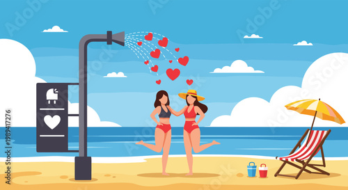 Two happy women in swimwear standing on sunny beach under a shower head pouring red hearts for summer love concept.