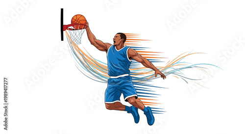 Professional basketball player in blue uniform performing powerful slam dunk with dynamic motion speed lines in background.