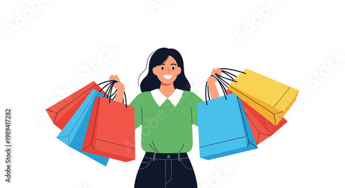 Smiling young woman holding multiple colorful paper shopping bags celebrating big discount sales and successful retail therapy.