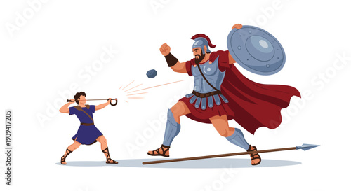 Biblical scene of young david using a sling to fight against giant armored goliath in a test of courage and faith.