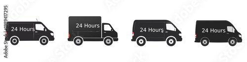 Banner Black Fast delivery icon set. Free shipping, express delivery, 24 hours, fast van. Truck symbol vector graphic