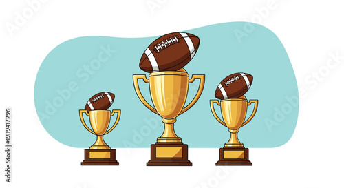 Three shining golden trophies topped with american footballs standing against a soft blue background for sports championship awards.