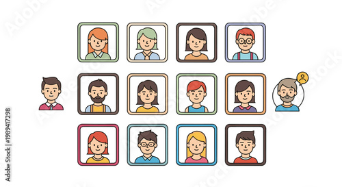 Diverse group of people profile avatars organized in a grid with one man standing apart representing individuality.