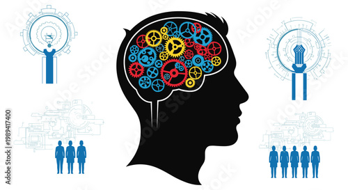 Silhouette of a human head with a brain made of various colorful mechanical gears representing logic and thinking.