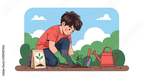 Young boy in gardening gloves kneeling to plant a small green seedling with essential tools and a watering can.