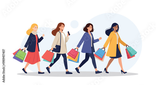 Four fashionable young women walking together down a street carrying many colorful shopping bags in their hands.