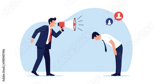 Angry boss in suit shouting through a white megaphone at a bowing employee in office attire against blue circle.