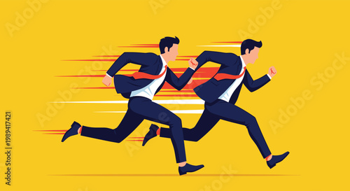 Two fast businessmen in dark blue suits running a race with speed motion lines against a solid yellow background.