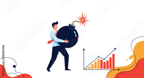 Stressed businessman carrying a giant black bomb with a lit fuse near a rising financial bar chart illustration.