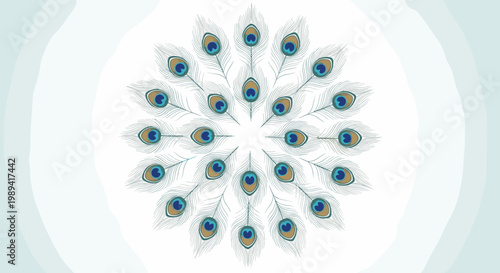 Intricate circular mandala pattern created from many detailed peacock feathers with eye patterns on soft blue.