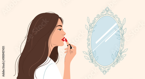 Woman with long dark hair applying bright red lipstick while looking into an elegant ornate silver wall mirror.