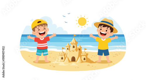 Two happy young boys building a large sandcastle together on a sunny beach near the sparkling blue ocean water.