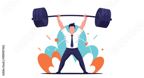 Strong businessman in formal attire successfully lifting a very heavy black barbell representing professional power.