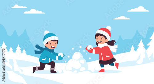 Two happy children in warm winter clothes playing with snowballs in a vast snowy mountain landscape with white trees.