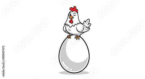Cute white chicken with a red comb winking and sitting on top of a giant white egg on a clean background.