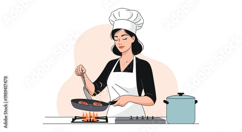 Professional woman chef in kitchen attire frying food in a pan on a gas stove with steaming blue background.