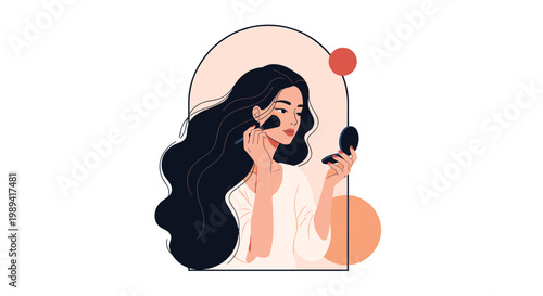Beautiful woman with very long dark hair applying makeup with a brush while looking into a small compact mirror.