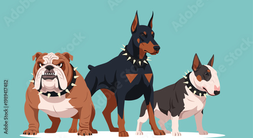 Three powerful guard dogs including a bulldog a doberman and a bull terrier wearing spiked collars on teal.