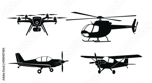 Silhouettes of four different types of aircraft including a modern drone a helicopter and two propeller planes.