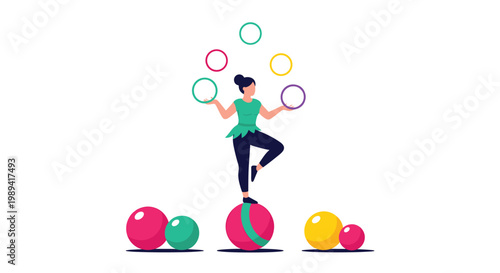 Skilled circus performer balancing on a large colorful ball while juggling several rings against a white background.