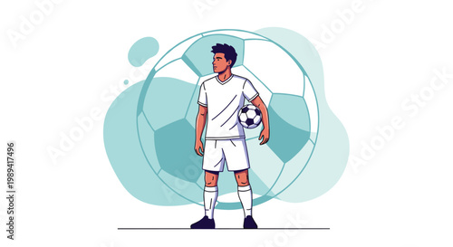 Professional soccer player in white uniform holding a ball under his arm with a giant football in background.
