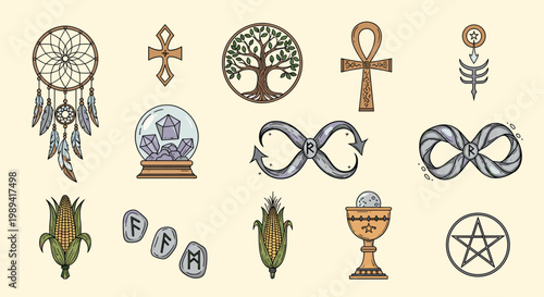 Collection of various mystical and esoteric symbols including a dreamcatcher crystal ball runes and ankh.