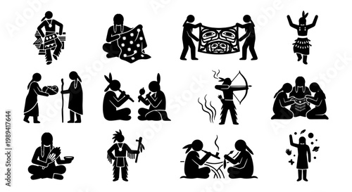 Indigenous people culture icons set, native American tribal life silhouettes, 12 vector elements of traditional rituals and daily activities