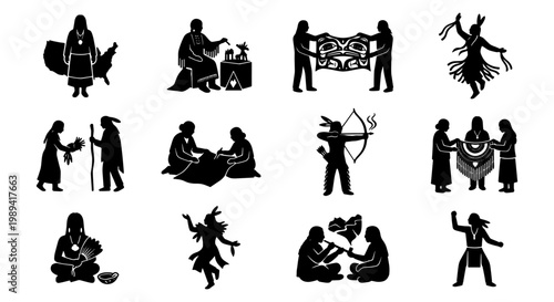 Native American culture silhouette icons, indigenous people tribal life vector set, traditional ethnic ceremony and hunting activities, 12 black silhouettes