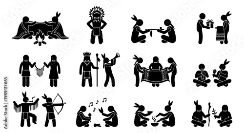 Native American indigenous people stick figure icons, tribal culture and traditional ceremony vector set, ethnic heritage and ancient lifestyle symbols
