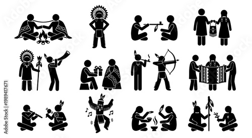 Native American culture stick figure icons, indigenous people tribal life vector set, traditional ceremony and ritual silhouettes, ethnic heritage symbols