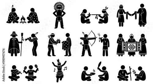 Native American culture stick figure icons, indigenous people tribal life vector set, traditional ethnic ceremony and hunting silhouettes