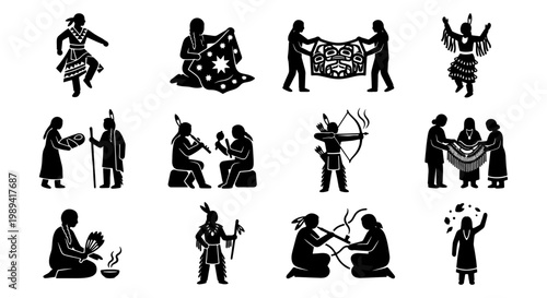 Indigenous Native American culture silhouette icons, tribal people performing traditional rituals and crafts, 12 black vector symbols of ethnic heritage