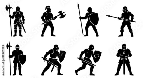 Medieval knight silhouette set, 8 armored warrior icons with swords and shields, black soldier vector illustrations for gaming and historical design