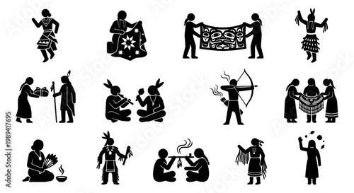 Indigenous Native American culture stick figure icons, tribal people performing traditional rituals and daily life activities, black silhouette vector set