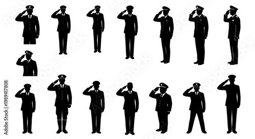 Military officer silhouette collection, 15 saluting soldier vector set, black army personnel silhouettes in uniform and peaked caps