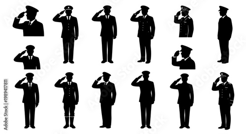 Military soldier silhouette set, army officer saluting in uniform icons, black silhouettes of navy and air force personnel for memorial day designs
