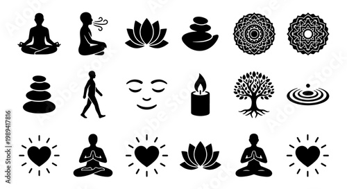 Zen meditation icons set, mindfulness yoga symbols collection, black silhouette wellness graphics, 18 spiritual spa and mental health vector elements