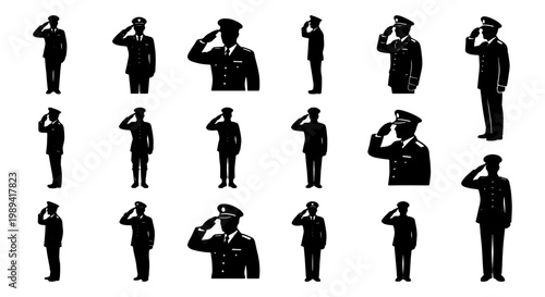 Military officer saluting silhouette collection, set of 17 soldier silhouettes in uniform, army personnel and navy captain icons for memorial day