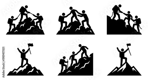 Mountain climbing silhouette icons, teamwork and leadership concept vector set, hikers helping each other reach the summit, 6 black pictograms
