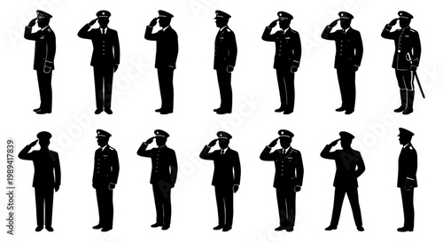 Military officer silhouette set, 14 soldier figures in uniform saluting, army personnel in formal dress, police and security guard vector icons