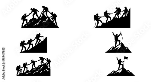 Mountain climbing silhouette set, team of hikers helping each other reach the summit, black vector icons of mountaineering and teamwork success