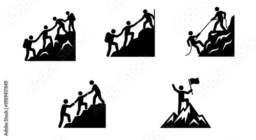 Mountain climbing teamwork icons, black silhouette set of hikers helping each other reach the summit, business leadership and partnership concept vector