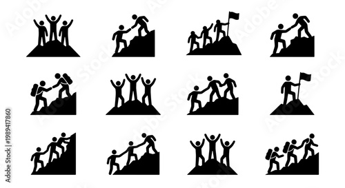 Teamwork and leadership icons set, mountain climbing silhouettes representing business success and cooperation, 12 vector elements for goal achievement